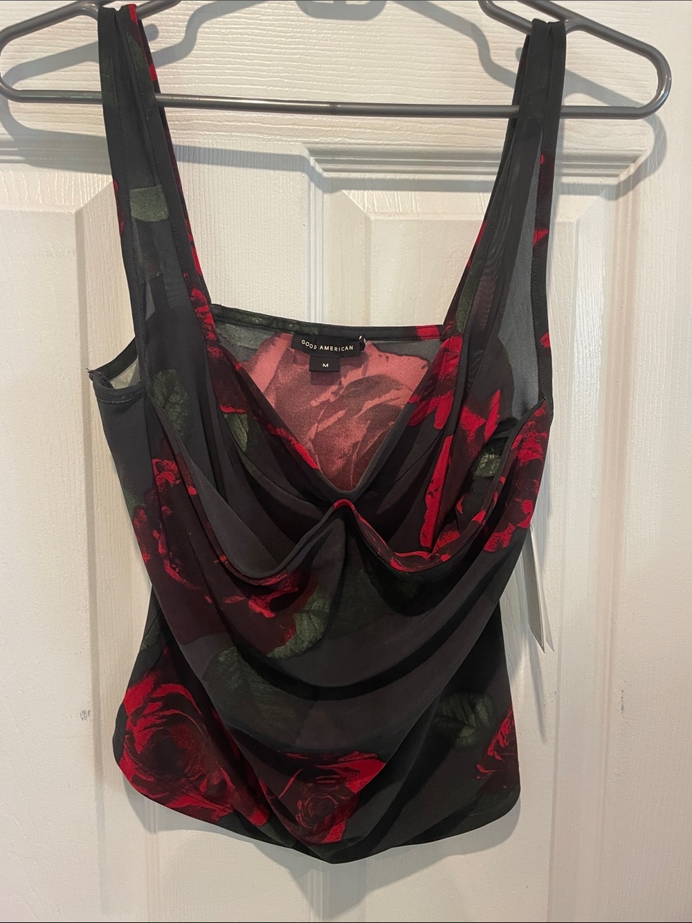 Good American cropped Black Sheer “Cowl” Neck Rose Print Camisole